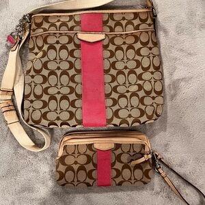 Coach crossbody bag with matching wallet.